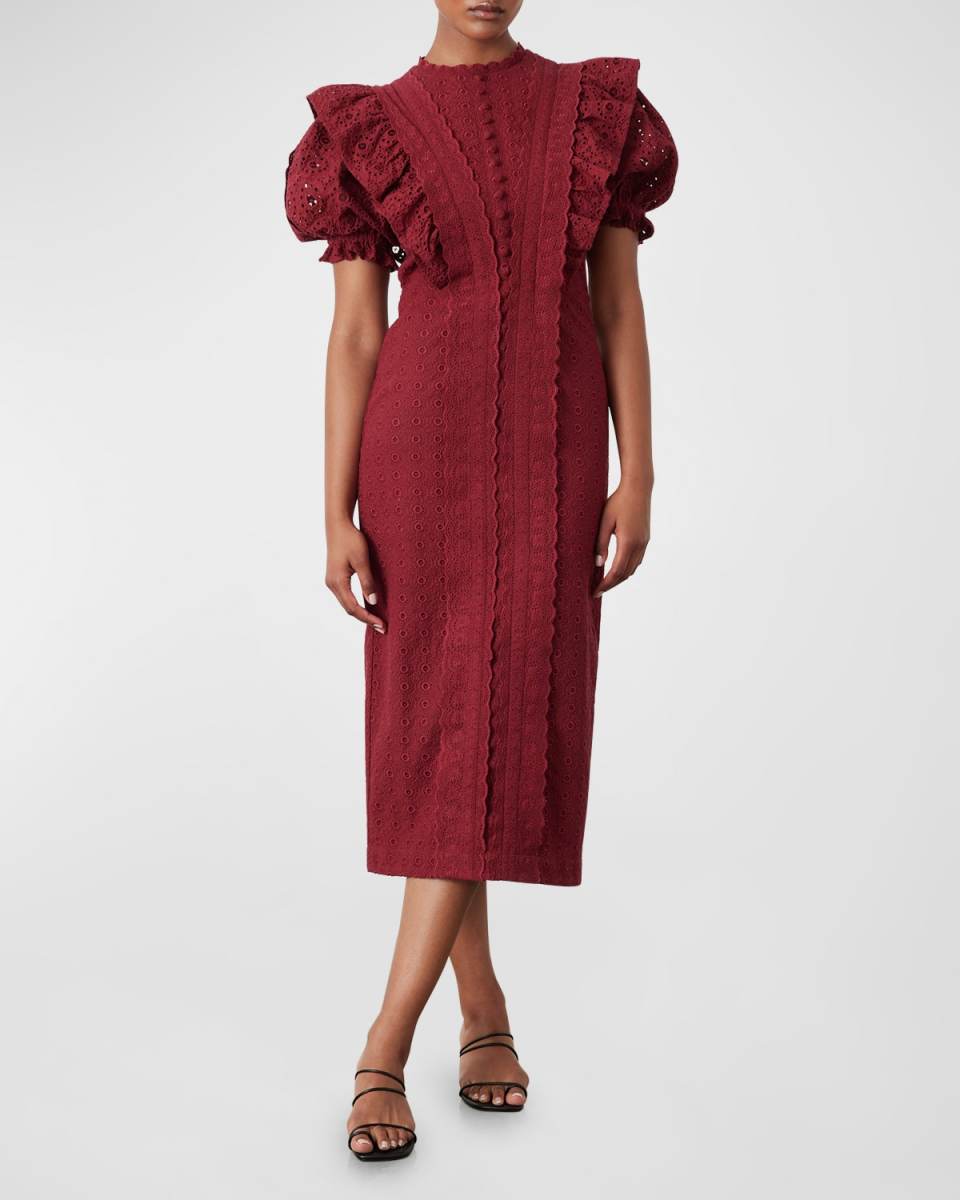 Nadiya Puff-Sleeve Eyelet Ruffle Midi Dress